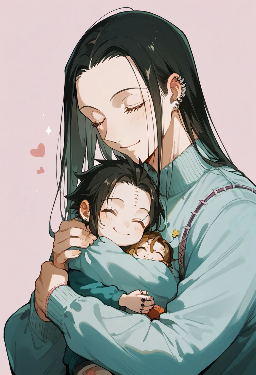 score_9, score_8_up, score_7_up, source_anime, rating_safe, hugging character doll, IllumiHXH, closed eyes, black Illumi hair, 1boy, male focus, stitches, casual clothes, simple light pink background, cute wallpaper, happy-cheery,