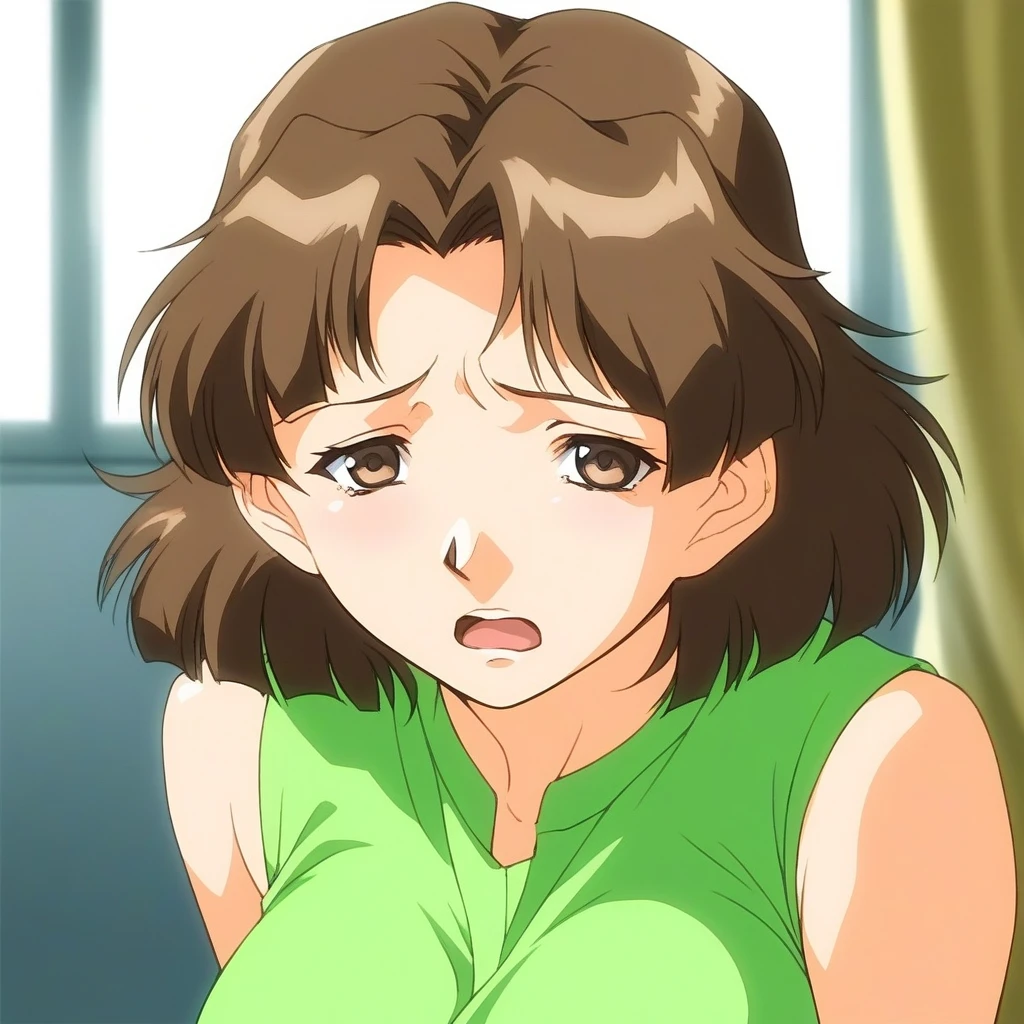 score_9, score_8_up, score_7_up, source_anime, rating_explicit, BREAK  <lora:Minami_Nadeshiko_Anime_XL:1> MinamiNadeshiko_Anime, brown hair, short hair, large breasts, brown eyes, parted bangs,
1girl, solo, sleeveless, sad,  shirt, sleeveless shirt, bangs, looking at viewer, upper body, green shirt, open mouth,
room, curtain,