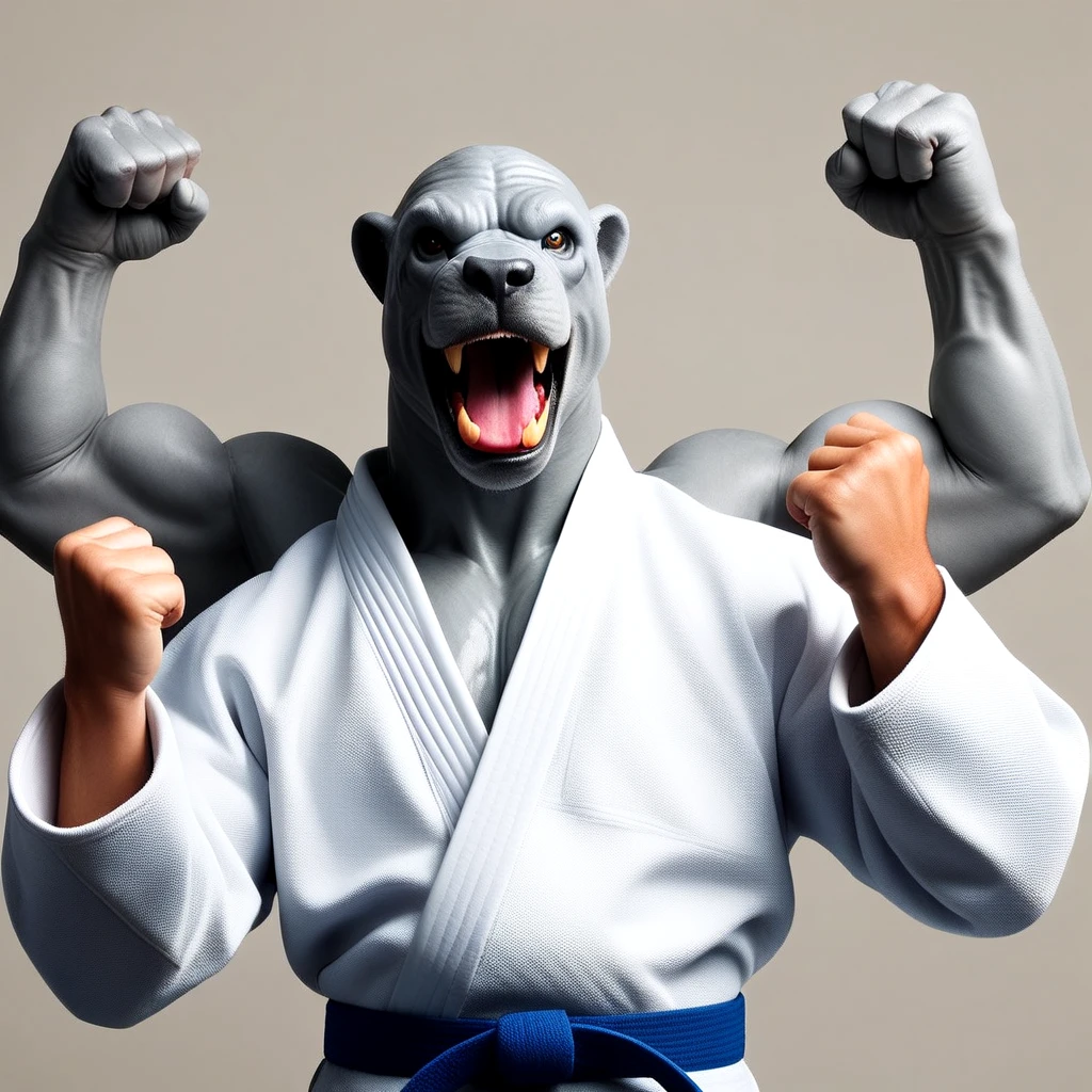 <lora:Black_Belt_SDXL:0.5>, karate outfit with fist raised up, martial arts belt, FPCH, hzup, upper body, open mouth, clenched hand, realistic, Machamp, creature, gray skin, four arms, extra arms