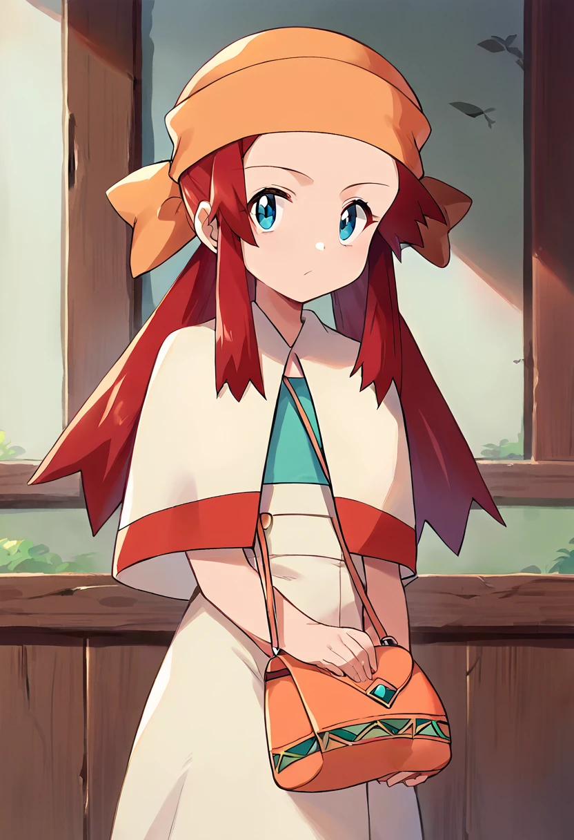 score_9, score_8_up, score_7_up, masterpiece, source_anime 1girl, ct_melody, blue eyes, red hair, twintails, orange bandana, cyan tank top, capelet, high-waist skirt, handbag, indoors, wooden wall, looking at viewer, cowboy shot, <lora:Melody_Pony_ct:1>