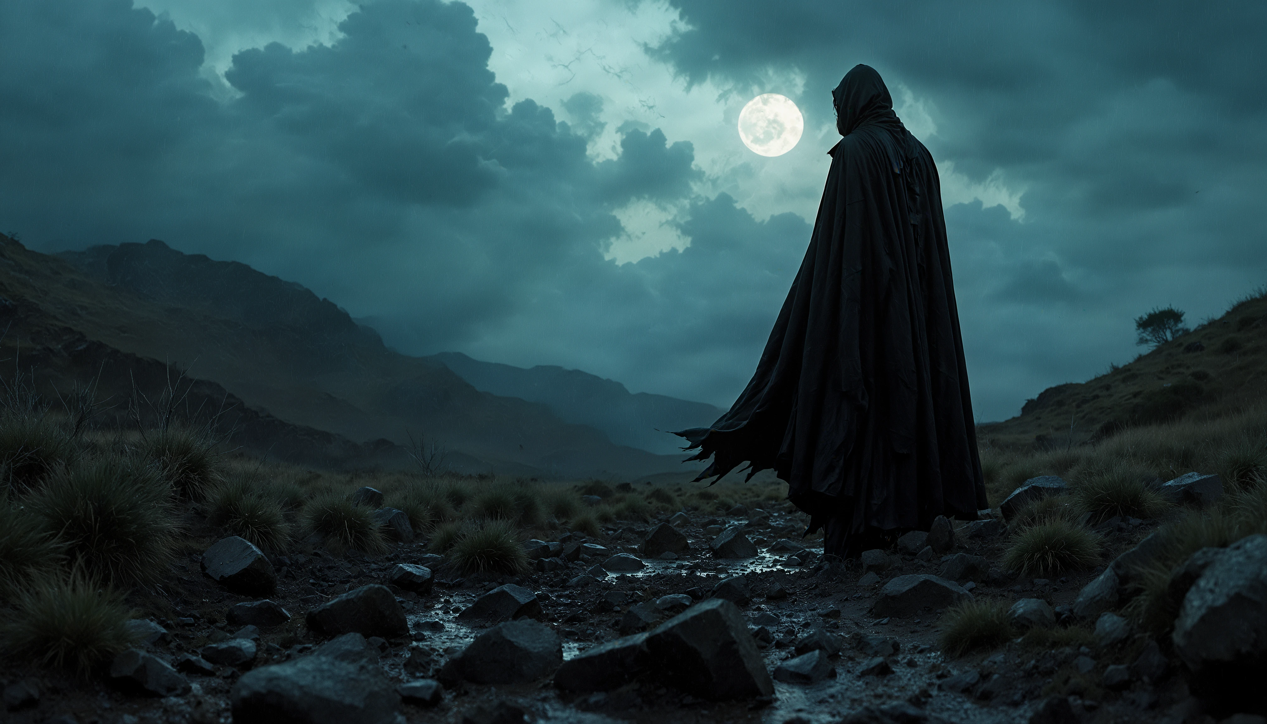raw poster, (masterpiece, best quality:1.5), atmospheric and moody weather, sky partially obscured by dark swirling clouds, desolate heath at twilight, with storm clouds swirling overhead, ground is rough and muddy, scattered with jagged rocks, in the dim light, you see the head of a shadowy figure standing in a dark tattered cloak, robes billowing in the wind, mysterious silhouette, dramatic lighting, ominous atmosphere, in the style of gothic art, visually captivating composition, incorporating the moonlight to create a hauntingly beautiful ambiance, contrasting shadows, extremely detailed