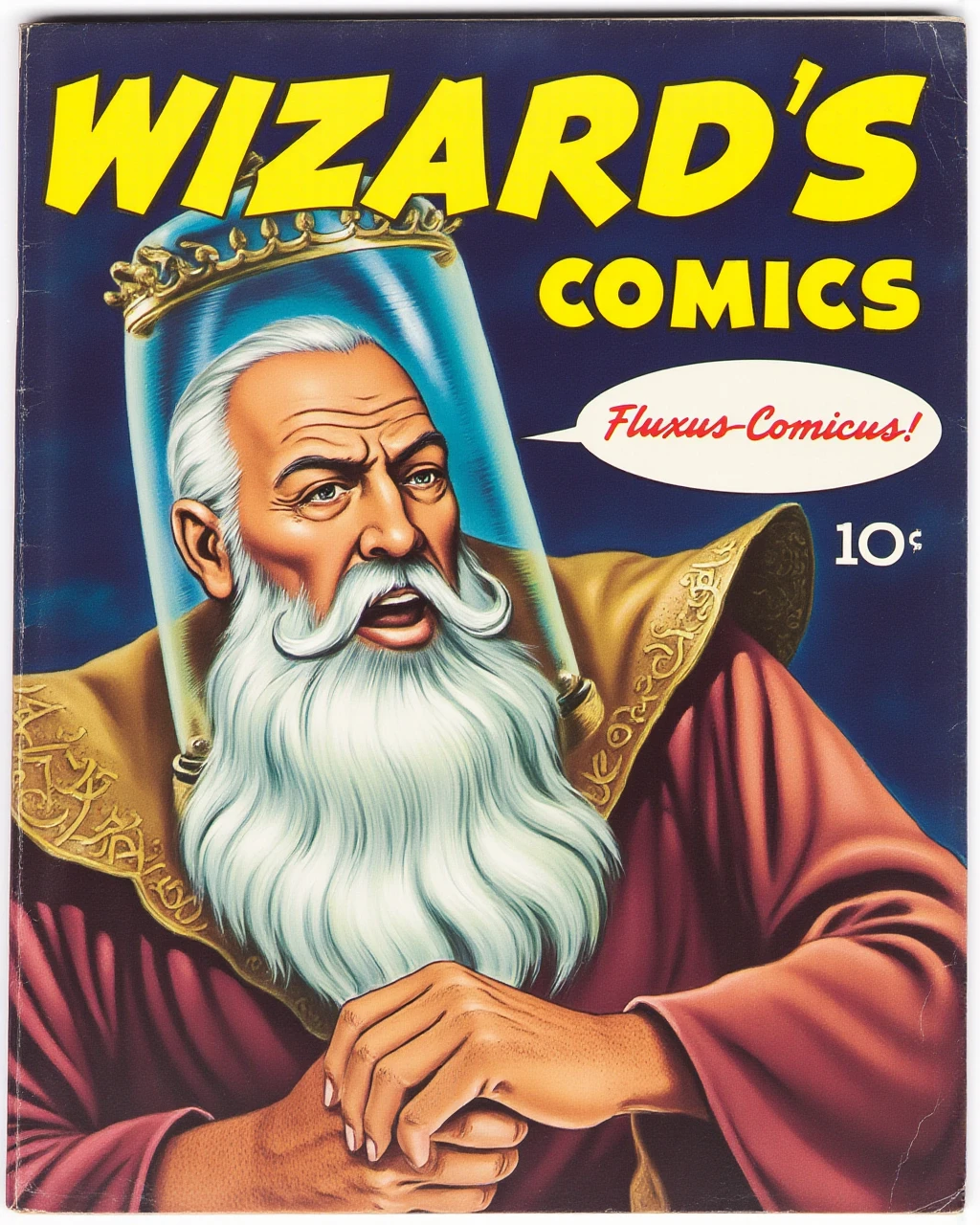 vintage comic book cover, with yellow title that reads "wizard's vintage comics", pulp art style sci-fi, wizard whitebeard wearing a tubular glass helmet, a s speech bubble emanates from the wizard's mouth, with the word "Fluxus-Comicus!" written in a classic comic book font