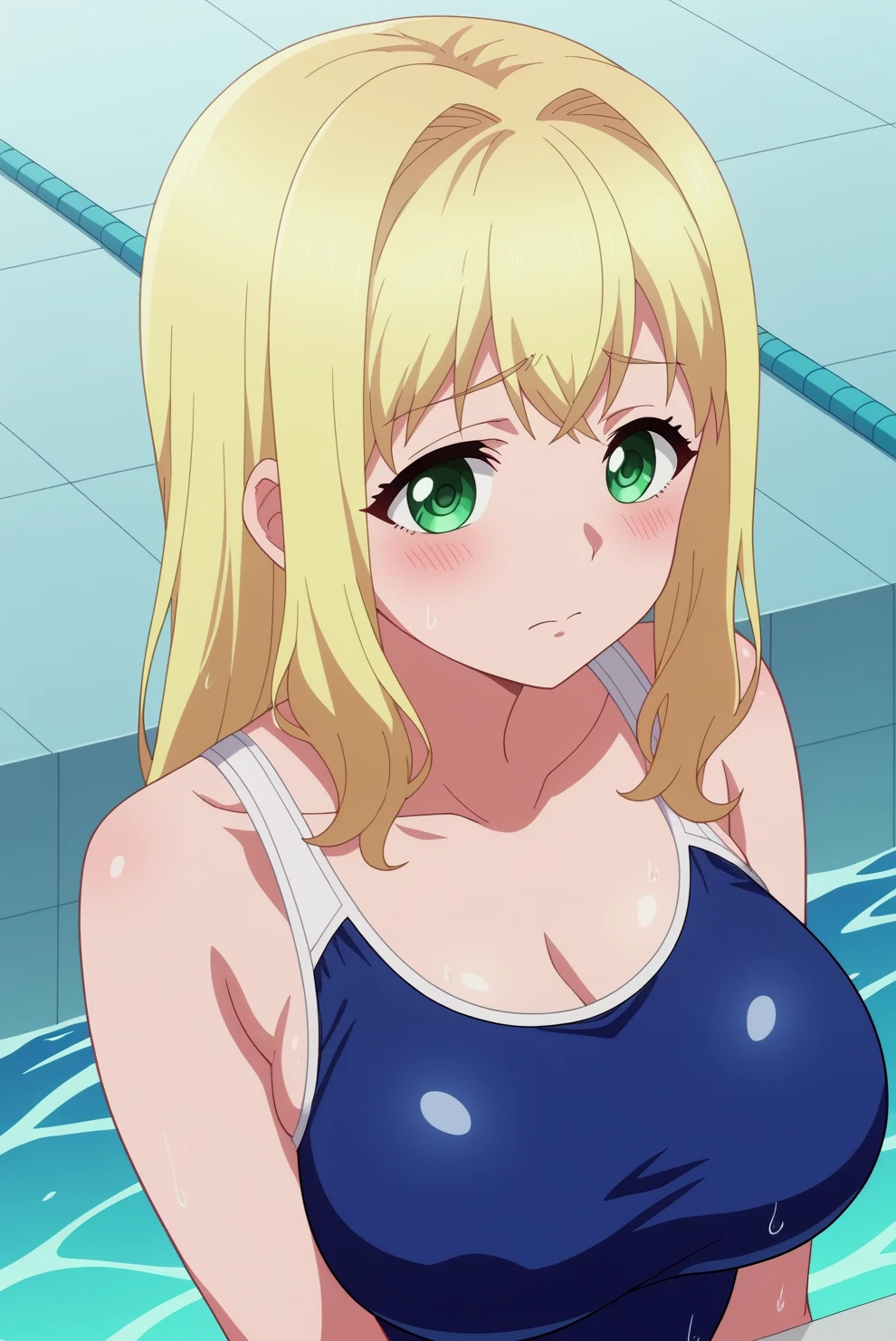 score_9, score_8_up, score_7_up, score_6_up, score_5_up, score_4_up, source_anime,anime screencap BREAK natsu ichijo,1girl,blonde hair,green eyes,solo,closed mouth,blush,long hair,breasts,large breasts,attached hair,one-piece swimsuit,water,pool,tiles,blush,anime coloring <lora:Natsu Ichijo - PDXL.safetensors:0.8>