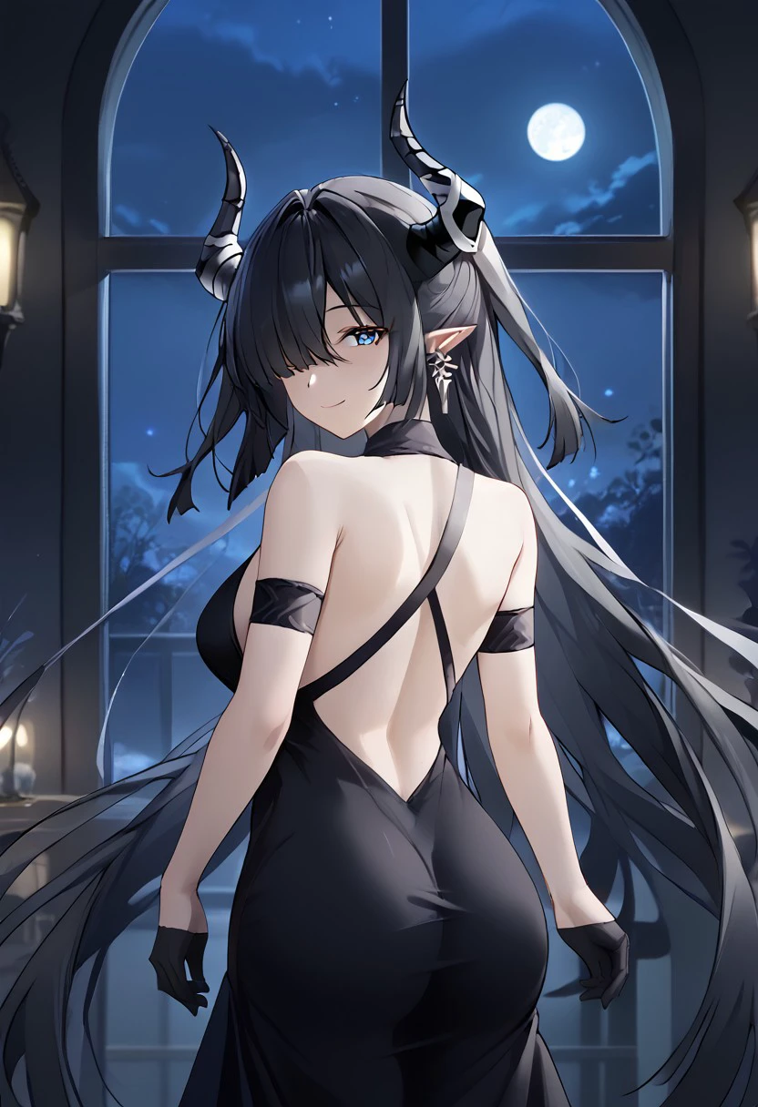 1girl, solo, highres, Northwind Witch, very long hair, horns, pointy ears, black hair, bangs, blue eyes, hair over one eye, earrings, jewelry, horn ornament,
black gloves, black dress, arm strap, backless dress, looking back, butt crack,
smile, closed mouth,
night, night sky, window, indoor, moon, moonlight, backlighting,