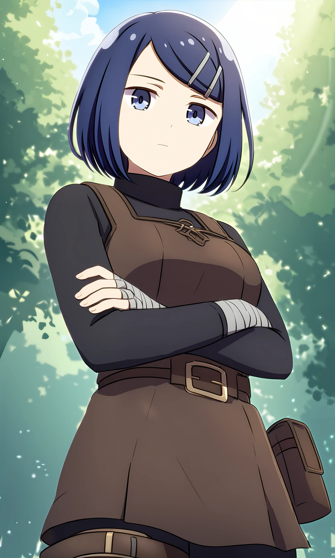 (masterpiece), (best quality), pixiv, (intricate details, very aesthetic), good hands, 1girl, <lora:clay-animagine:0.8> clay_wz, short hair, blue hair, blue eyes, hair ornament, hairclip, breasts, fingerless gloves, grey gloves, bandages, long sleeves, black bodysuit, bodysuit, long sleeves,  thigh pouch, bandaged hand, bandaged hand,  turtleneck, brown belt, brown pinafore dress, standing, looking at viewer, expressionless, outdoors, day, nature, light rays, crossed arms, expressionless, from below