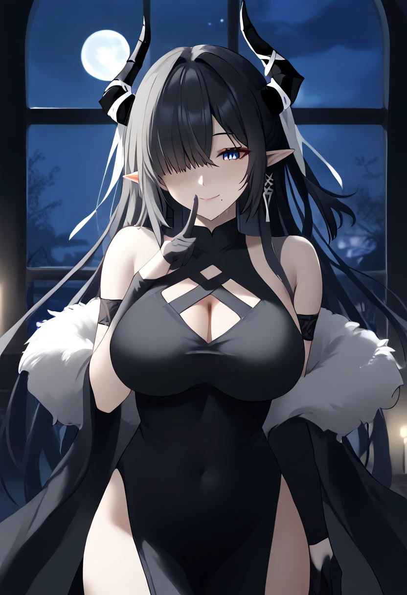 1girl, solo, highres, Northwind Witch, very long hair, horns, pointy ears, black hair, bangs, blue eyes, hair over one eye, earrings, jewelry,  horn ornament,
large breasts, black gloves, black dress, bare shoulders, cleavage, covered navel, sleeveless dress, pelvic curtain, clothing cutout, cleavage cutout, arm strap, fur shawl,
smile, closed mouth, mole under mouth,
hand up, index finger raised, finger to mouth, shushing,
night, night sky, window, indoor, moon, moonlight, backlighting,