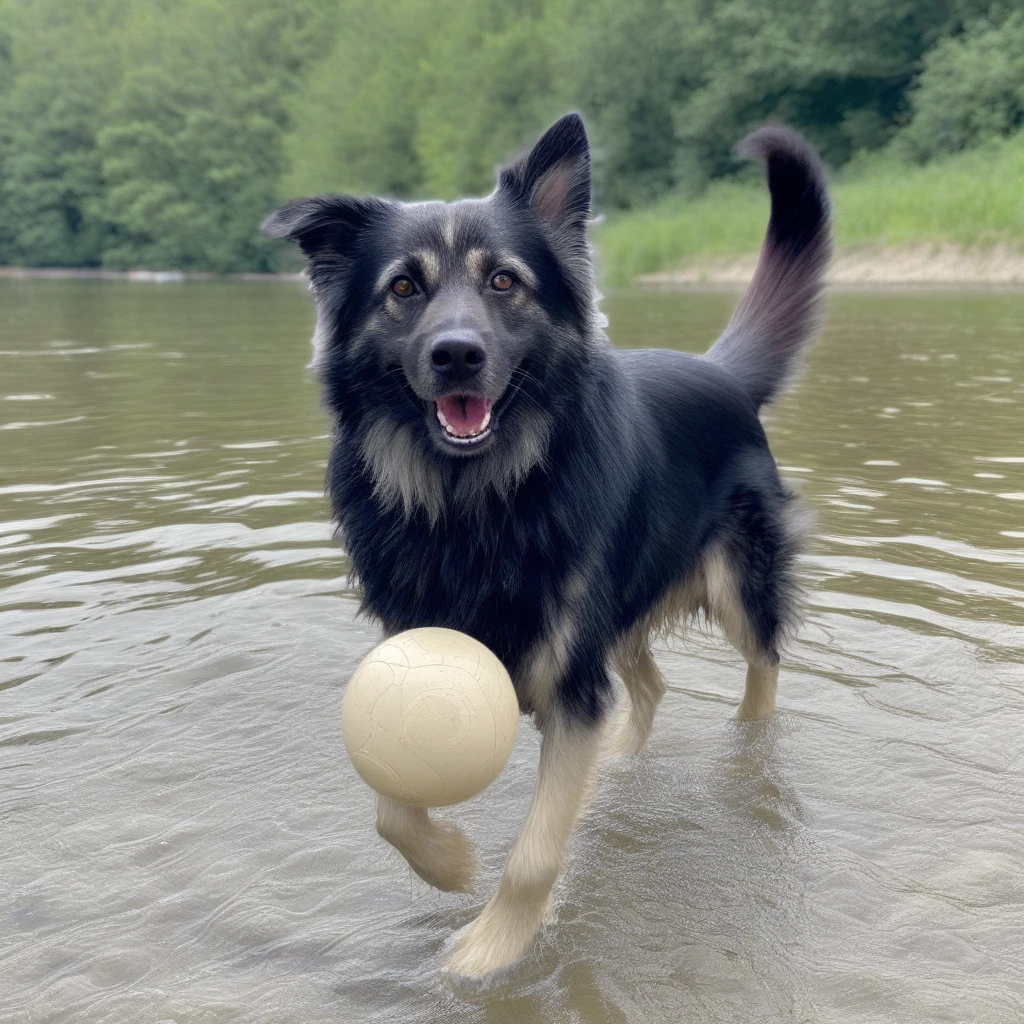 malish, on a river, playing with a ball