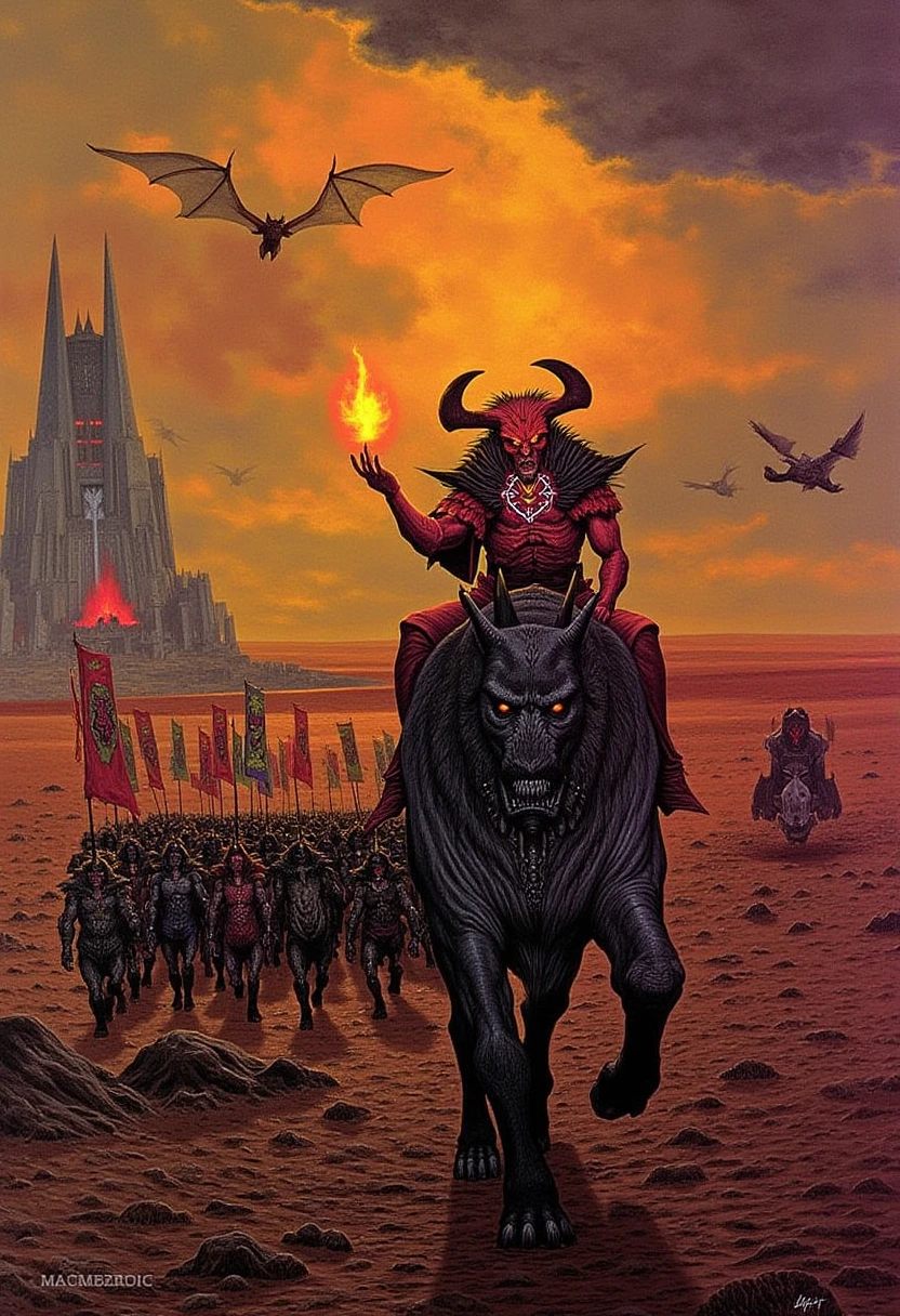 A highly detailed fantastical picture of a demon lord leading a demon army across the plains of hell. He rides a large hell beast. His royal sigils glow around his head. The army is armed, armored, they carry royal banners. A large hell city is in the distance behind them. Strange creatures fly around the sky.