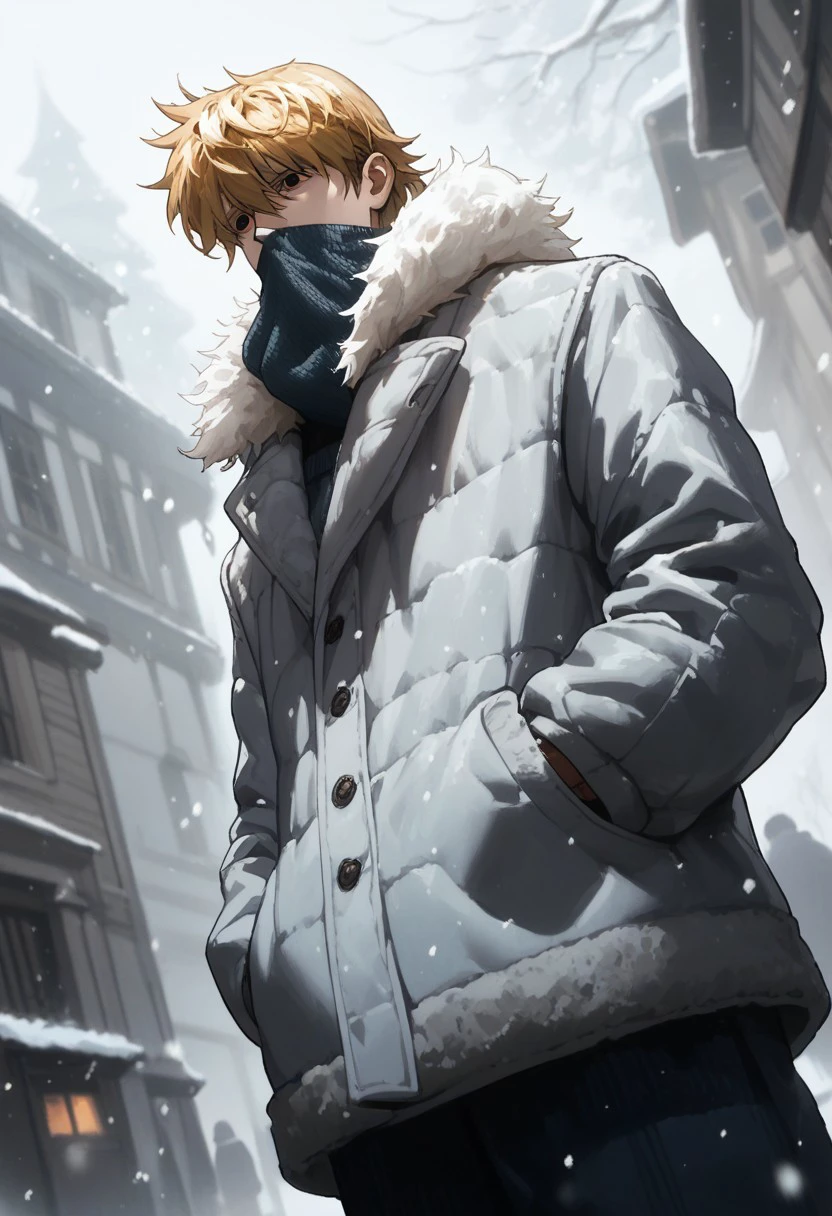 score_9, score_8_up, score_7_up, source_anime, rating_safe, snowing, ParistonHXH, (blonde hair), empty eyes, 1boy, male focus, fur trim, winter clothes, baggy pants, hands in pocket, covered mouth, frown-sad, outdoors, burning houses, fire, from below, dutch angle, realistic shading,