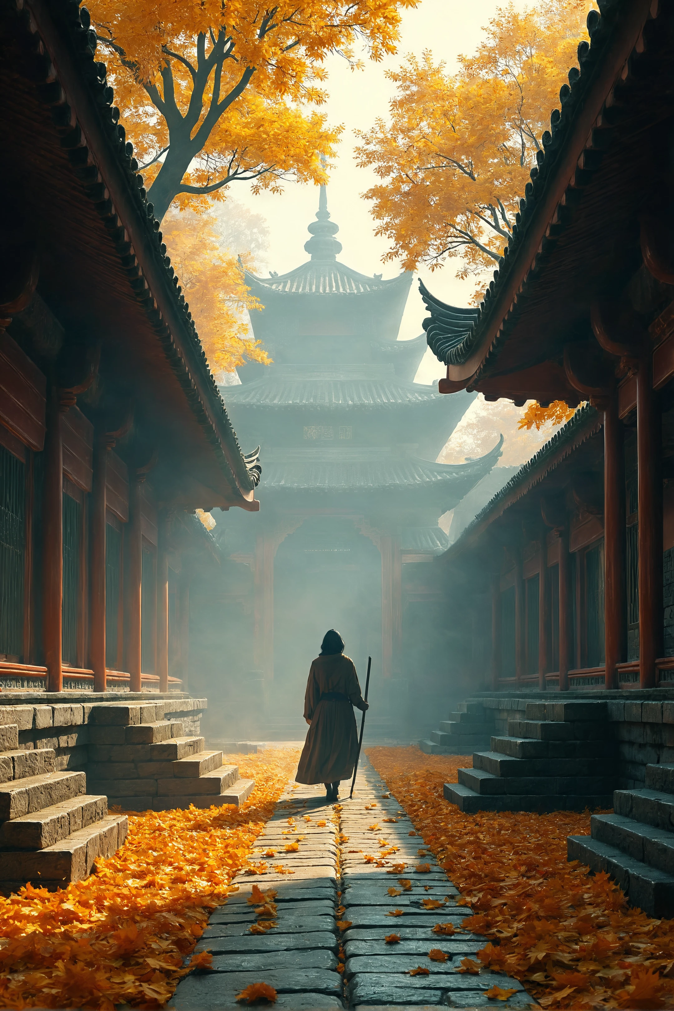 A mysterious autumn scene in an ancient Asian temple, misty atmosphere with shafts of light. A lone figure with a staff walks away down a stone path lined with ornate temple structures. Golden autumn leaves falling, creating a ethereal mood. Cinematic lighting, detailed architecture, photorealistic style.