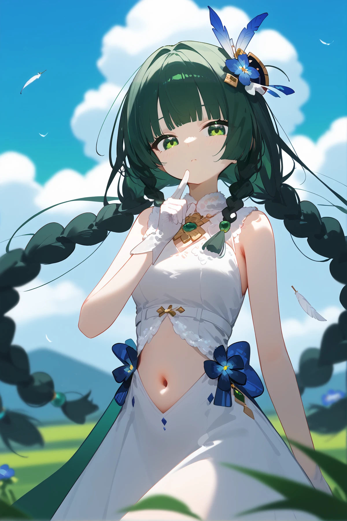 Perfect Face, long blackish green hair, yellow eyes, collarbone, beautifui white dress,smile, flower sea,belly button,Off-shoulder