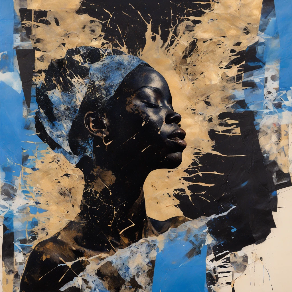 Collage-Style, "A dark, gritty portrait of a black woman with their face tilted slightly upward, eyes closed, and lips pressed together, rendered in deep black against a pale golden background. The figure emerges from a chaotic, splattered texture, with black and tan splatters spraying outwards from the neck and shoulders. The background features swirling hues of blue, green, and gray, creating an atmospheric, cosmic feel with a halo-like effect around the head. The overall aesthetic is raw, moody, and intense, with rough textures and abstract elements adding to the edgy, the image looks like it was printed by a defected printer, introspective atmosphere