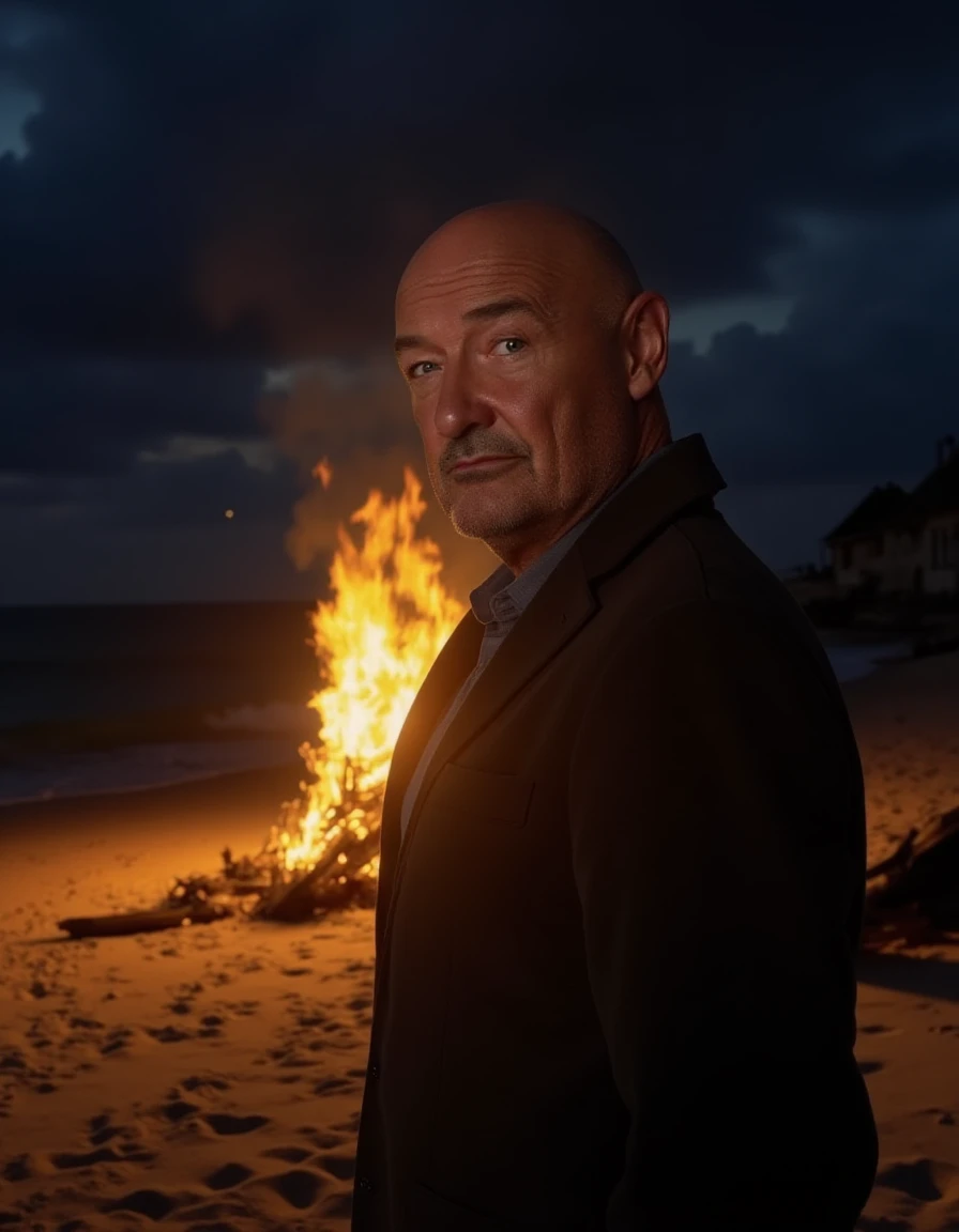 <lora:John_Locke_-_LOST_-_Terry_OQuinn:1>john locke on a beach near a big bonfire at night