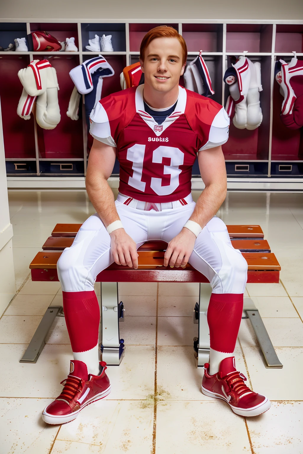 locker room, sitting on a bench, in front of lockers, slightly smiling, auburn hair, JPDubois is an (American football player), wearing (football uniform), (red jersey:1.4), (red shoulder pads:1.2), jersey number 90, (white football pants:1.4), (red socks:1.2), long socks, (sneakers:1.3), (((full body portrait))), wide angle  <lora:JPDubois:0.8>