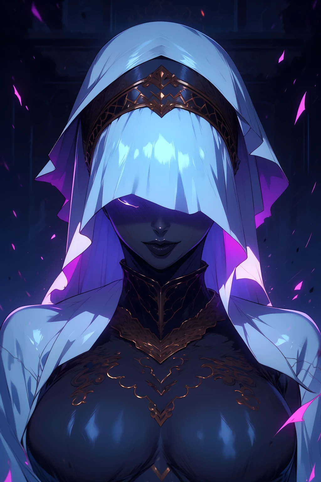 Best_QualityPos, RAW photo, intricate details, best quality, 8k uhd, soft lighting, 1girl, solo, nightmaiden, armor, helmet, veil, black lips, covered eyes, colored skin, grey skin, r1ge, glowing, flying debris, magic, aura, energy <lora:r1ge - AnimeRage:1> <lora:NightMaiden:0.8>