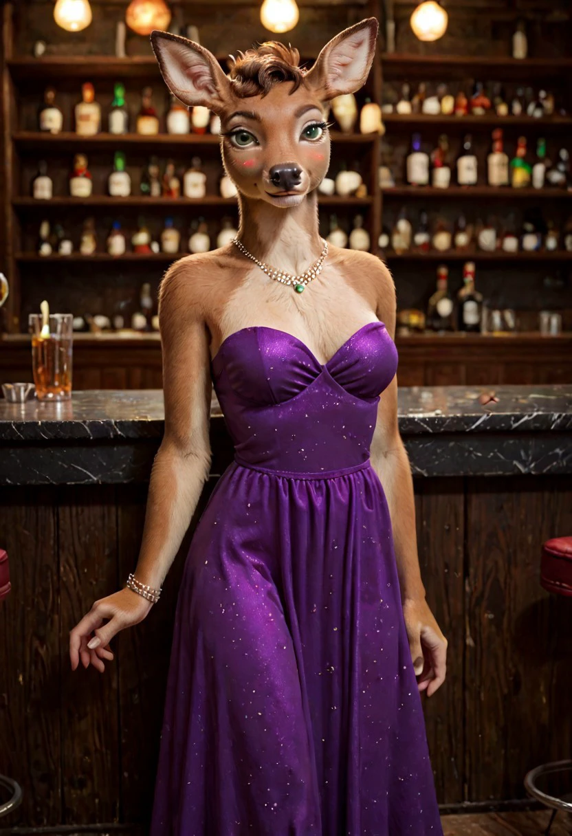 score_9, score_8_up, score_7_up, Penny Carson, 1girl, deer girl, solo, brown hair, brown fur, breasts, cute, green eyes, animal ears, furry female, bar, smile, blush, jewelry, looking at viewer, prom dress, purple dress, strapless dress, glamorous, rave, rimlight