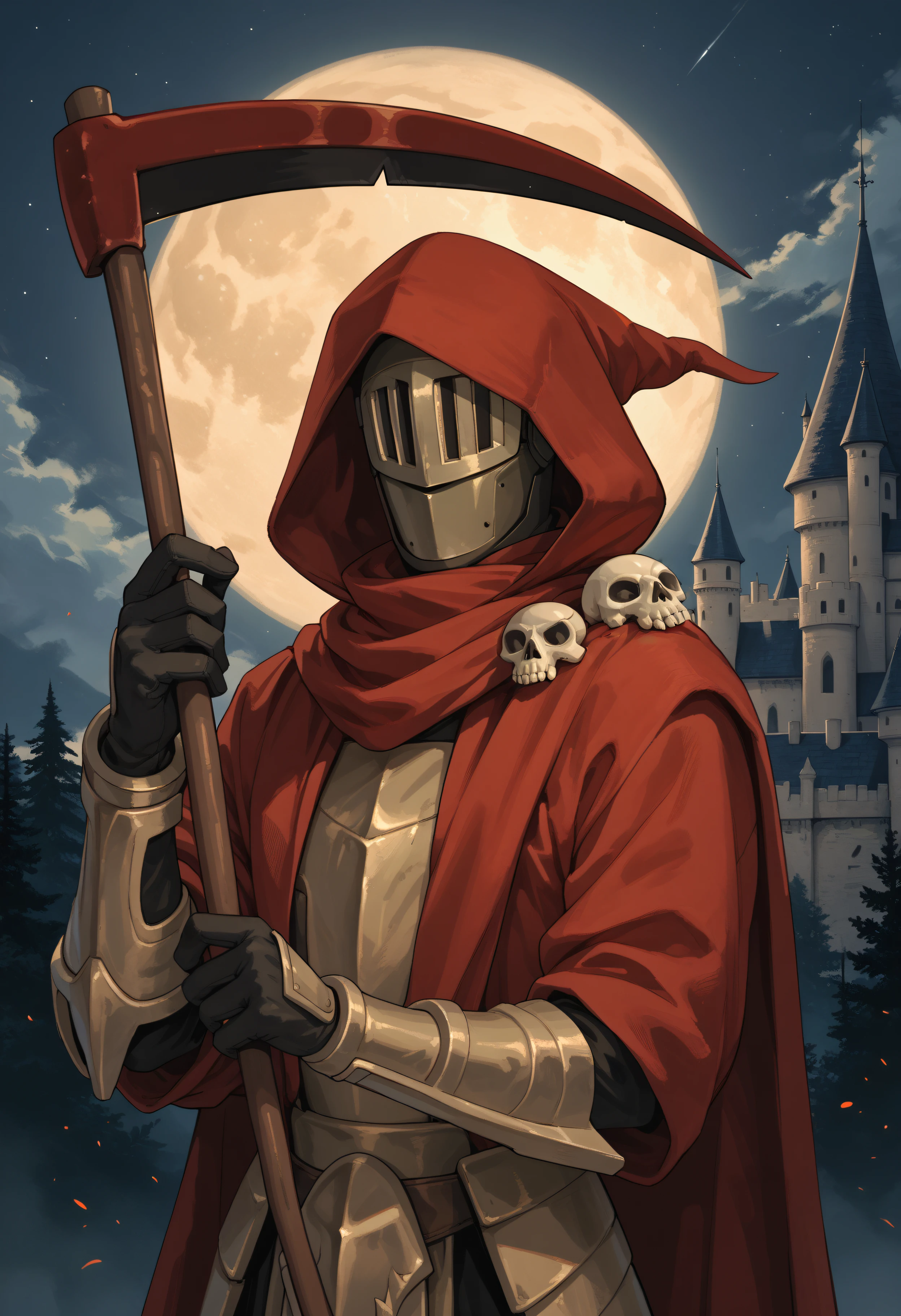 score_9, score_8_up, score_7_up, score_6_up, score_5_up, score_4_up, BREAK, skpdxl, gloves, hood, cloak, armor, male focus, 1boy, solo, mask, helmet, scythe, holding weapon, night, full moon, castle, upper body, weapon over shoulder, <lora:SpecterKnight2:0.7>