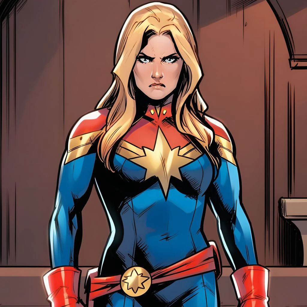 score_9, carol_danvers, blonde hair, blue eyes, bodysuit, star logo, red gloves, red belt, standing, indoors, mansion, looking at the viewer, closed mouth, serious face, <lora:captain_marvel:1>