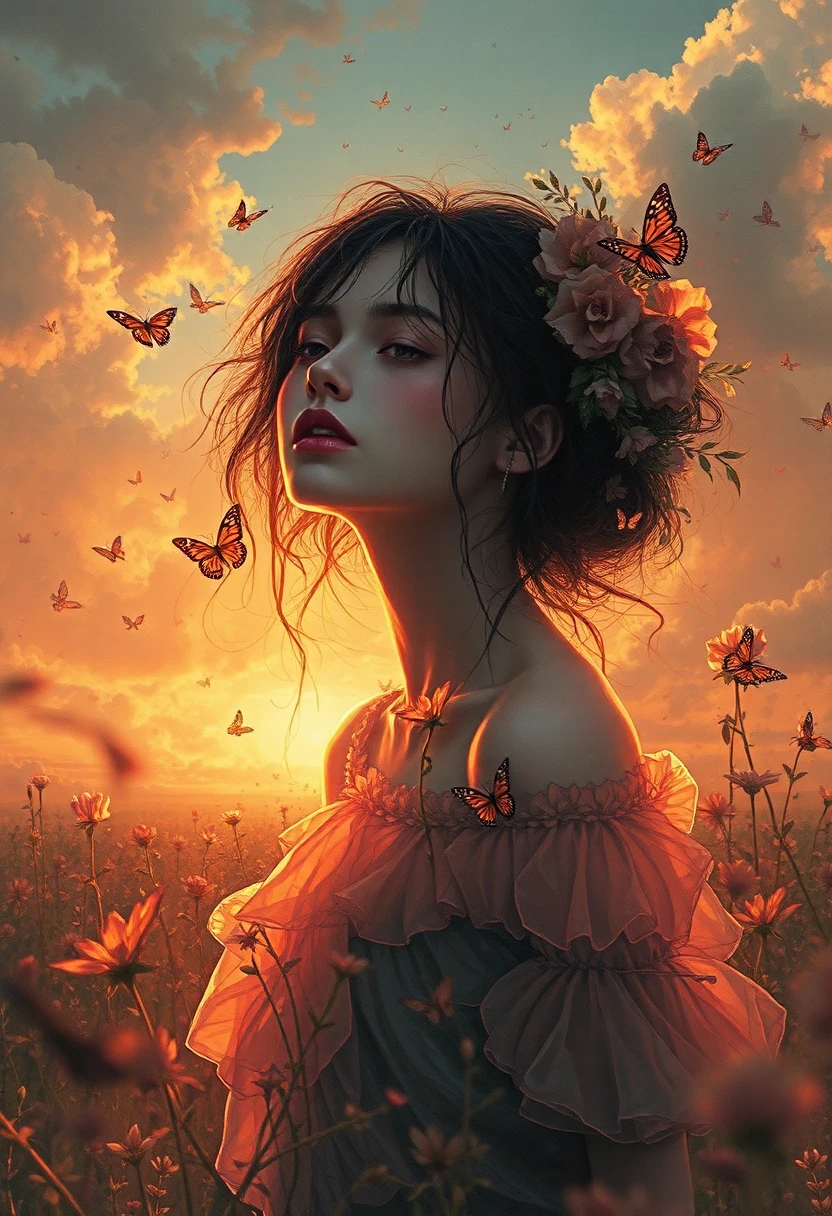 ((absurdres posterart)) realistic graceful 20-year-old 1girl,A dress of flowers and butterflys, Perfect clouds in the sunset, motif buttereflies flying firefly, sounds of morning melody, Motif sunset shades, motif sunset tones, Rossdraws, Atey Ghailan, Benedick Bana, and carne griffiths, Fields of flowers,
detailed face focus, rays tracing, piercing light, , long face :1