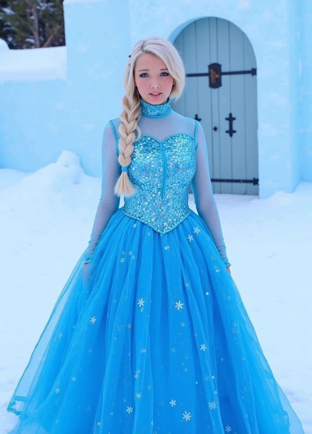 a photo without watermark of Lucie Wilde have white long one braided hair on the side and wears a blue princess turtleneck dress with sparkle. it's snowing and the ground is covered with the snow. She is in a iced castle <lora:Lucie_Wilde:0.9>