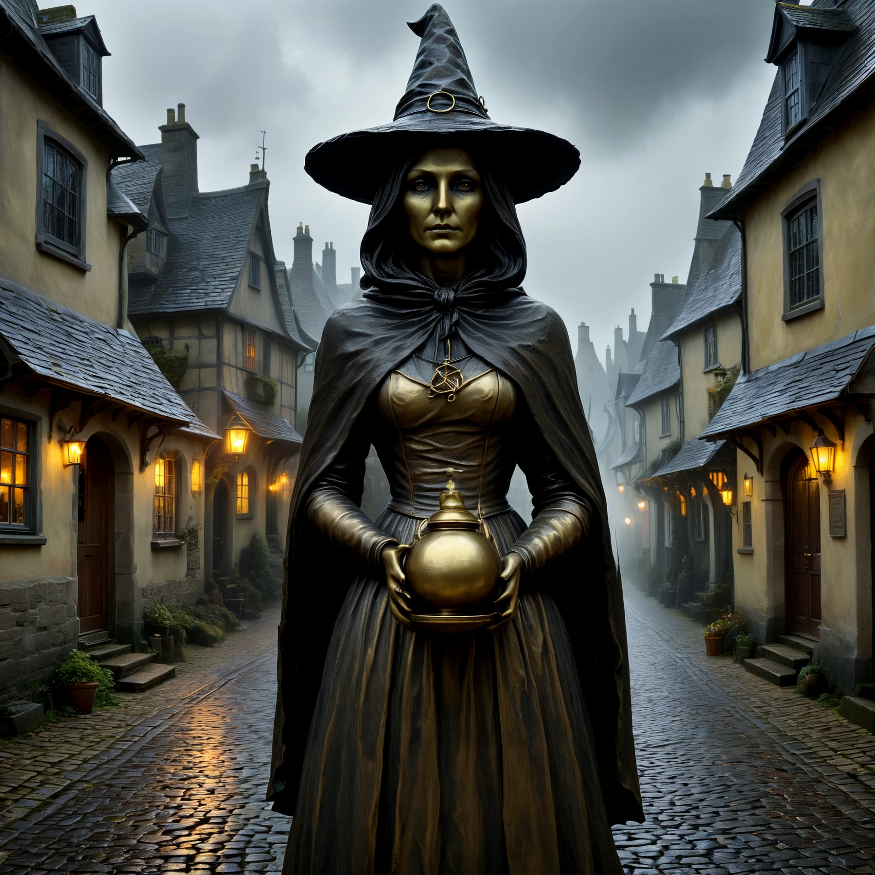 Atmospheric, moody. A curious village. Cobblestone street. A witch turned into a brass statue.

<lora:CuriousWorld01-03c_CE_SDXL:1.3> crswrldCE