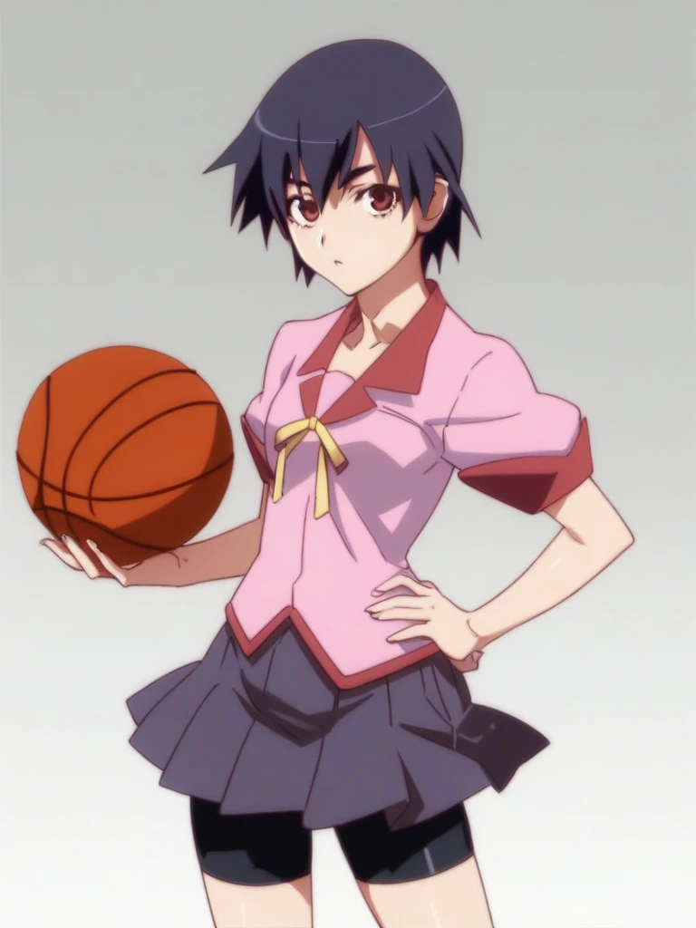 score_7_up, flat color, 

1girl, kanbaru suruga, short hair, black hair, brown eyes, 
naoetsu high school uniform, ribbon,
pleated skirt, bike shorts, 

basketball, holding ball, 

hand on hip, 

looking at viewer, 