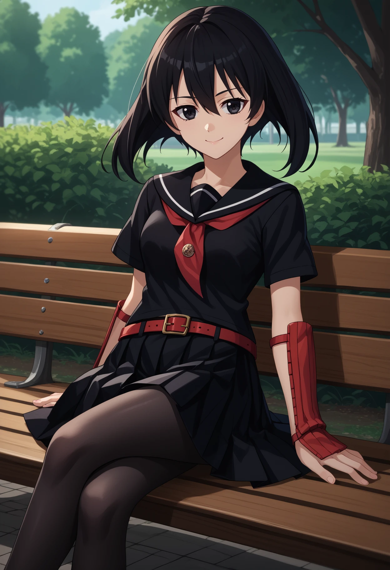 score_9, score_7_up, source_anime, solo, 1girl, agkkurome, smile, looking at you, sitting, park bench, crossed legs, school uniform, black serafuku, black shirt, black sailor collar, red neckerchief, short sleeves, vambraces, black skirt, pleated skirt, red belt, black pantyhose, outdoors
<segment:yolo-face_yolov8m.pt,0.4,0.5//cid=1>