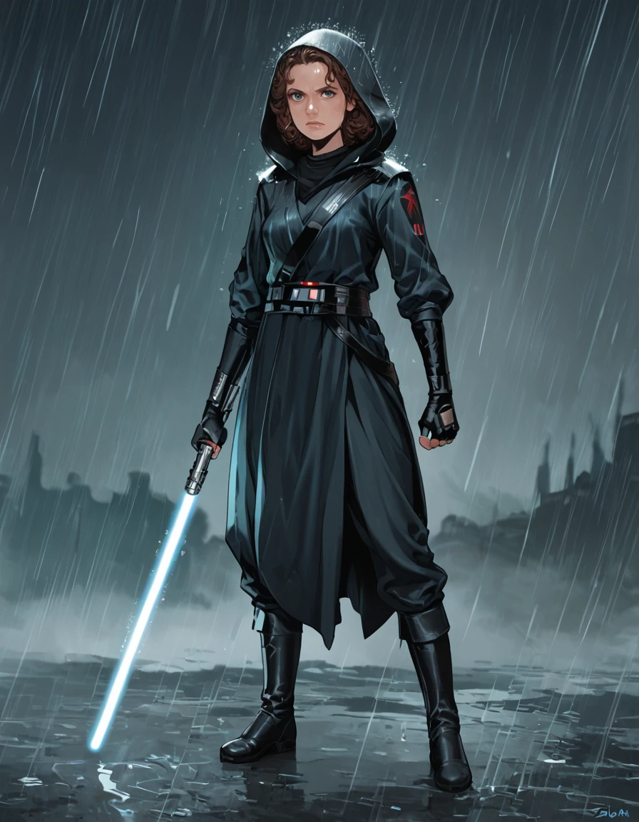 score_9, score_8_up, score_7_up, darth-zannah, zannah, star wars, 1girl, brown hair, short hair, solo, weapon, blue lightsaber, hood, sword, boots, fingerless gloves, gloves, long hair, standing, science fiction, rain, laser <lora:Darth_Zannah:.5> <lora:SW_Rain_Darth_Zannah:.5>