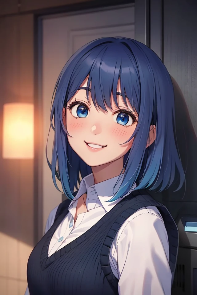 (P_Akane_Kurokawa), 1girl, solo, smile, looking at viewer, blue hair, blue eyes, bangs, blush, 
White shirt, black sweater vest, black tie,