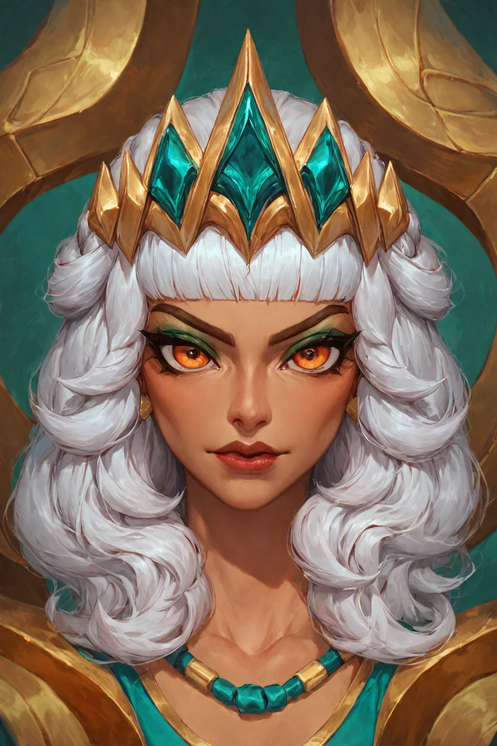 ((Glamour Portrait)),(score_9, score_8_up:1.1),score_7_up,1girls,qiyana \(league of legends\),
Qiyana Yunalai, silver-white hair, dramatic eye makeup, golden eyeshadow, dark eyeliner, turquoise eyes, amber eyes, golden-orange eyes, regal aura, majestic aura, Empress, Imperial Majesty, Highness, Arrogant, Confident, Charismatic, Ambitious, Commanding, Impressionable, Choosy, Discerning, Radiant, Elegant, Stunning, beautiful, Tiara, Crown, Gold headband, Decorative headpiece, Sleek, High-ponytail, Regal, Stylized, Athletic, Curvaceous, Defined muscles, Graceful, Well-proportioned, Tribal markings, Regal attire, Elemental Powers, Elemental Abilities, commanding stance, Confident expression, Royal, prestige, prestigious, female focus, Sovereign, mature personality, very feminine, deep brown skin, dark brown skin, Portrait, Full-body portrait, Heroic pose, Detailed, Fantasy art, League of Legends, Cinematic, Epic, Highly detailed, Digital painting, Concept art. <lora:Qiyana_Yunalai_-_Pony_-_Deal:1>