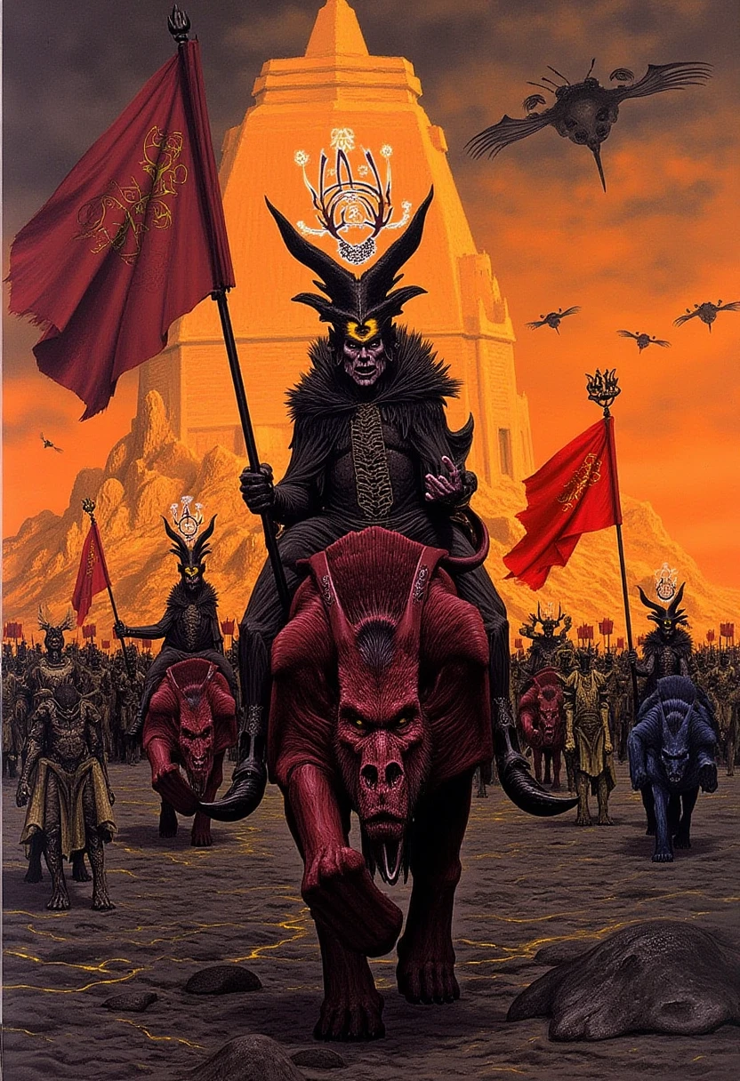 A highly detailed fantastical picture of a demon lord leading a demon army across the plains of hell. He rides a large hell beast. His royal sigils glow around his head. The army is armed, armored, they carry royal banners. A large hell city is in the distance behind them. Strange creatures fly around the sky.