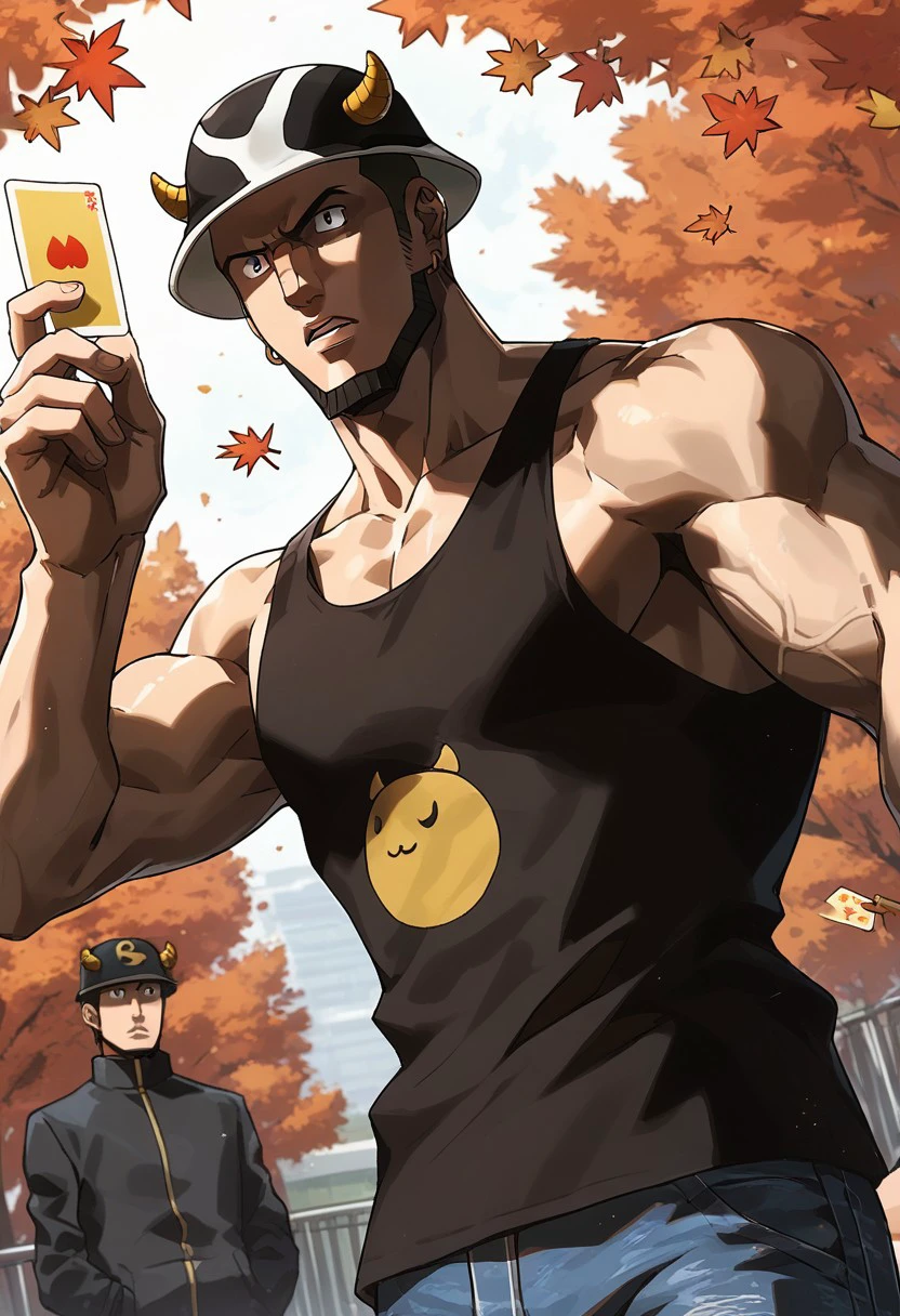 score_9, score_8_up, score_7_up, source_anime, rating_safe, falling autumn leaves, holding yellow card, MizaiHXH, black eyes, Mizai facial hair, gold earrings, 1boy, male focus, white-black Mizai hat, hat horns, tank top, jeans, biceps, serious, [[fighting stance]], hands with five fingers, blurry outdoors, trees, from below, dutch angle,