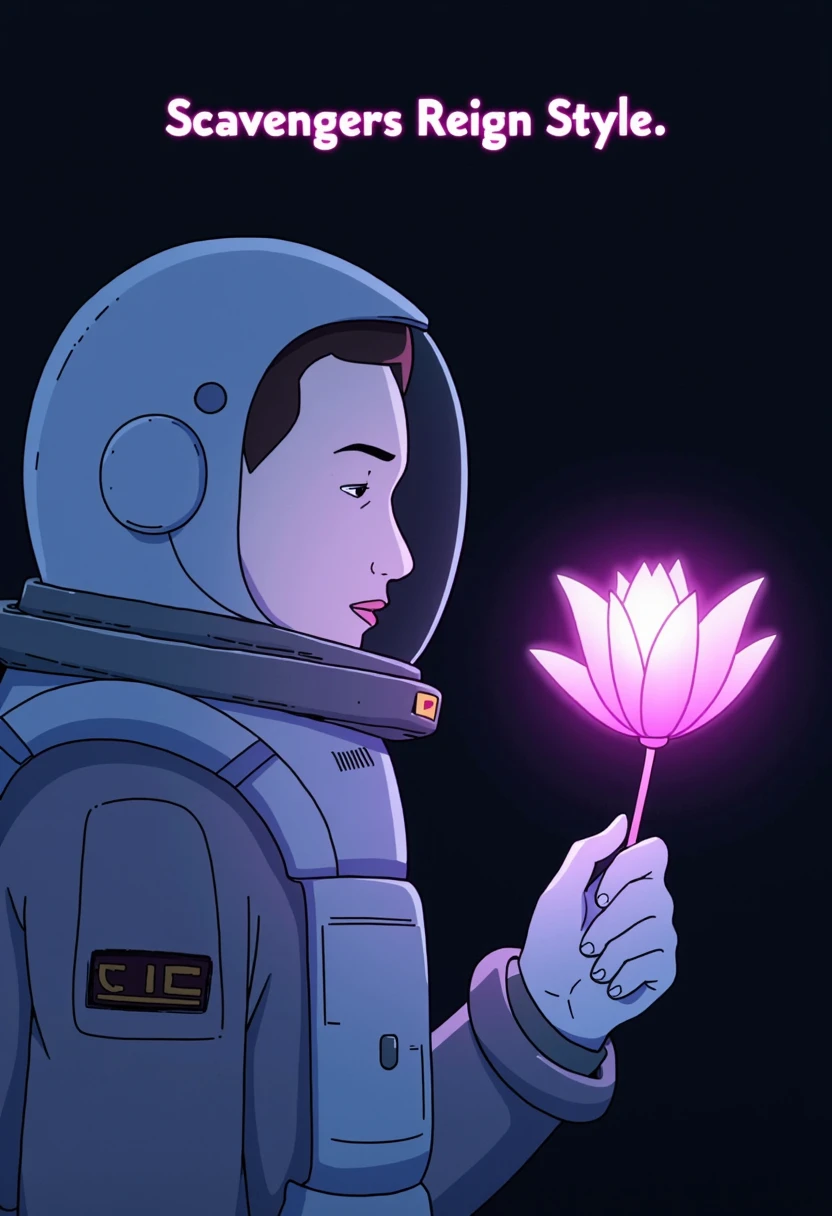 An Astronaut wearing an astronaut helmet looking at a luminescent flower the astronaut is holding. He is portraid from the side against a dark background. flat art. Above his head there is Text saying "Scavengers Reign Style". Conceiled face. Milky Glass. White Visir. Attractive Astronaut. Text saying "Scavengers Reign Style".