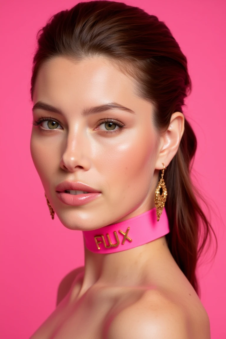 A stunning portrait of woJ3ssB13l with slicked back hair, wet hair, she has perfect beautiful skin she is looking directly at the camera with parted lips, her lips has gloss lipstick giving a wet feel. She is wearing chic golden earrings and a pink choker with golden lettering that can read "FLUX". The background is pink that matches with the choker making an amazing composition. The image is very high detailed with 16k of resolution.