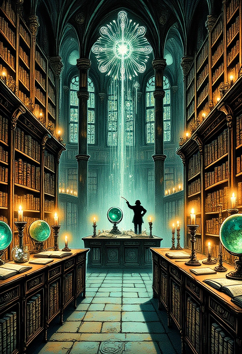 DonMM4g1c4c4d3my, drawing, magic academy, whisper of knowledge library, wall-to-wall bookshelves library desks, literary globes illuminated manuscripts rare books, cataloging machines literature analyzers, , silence guardians, , magical, fantasy