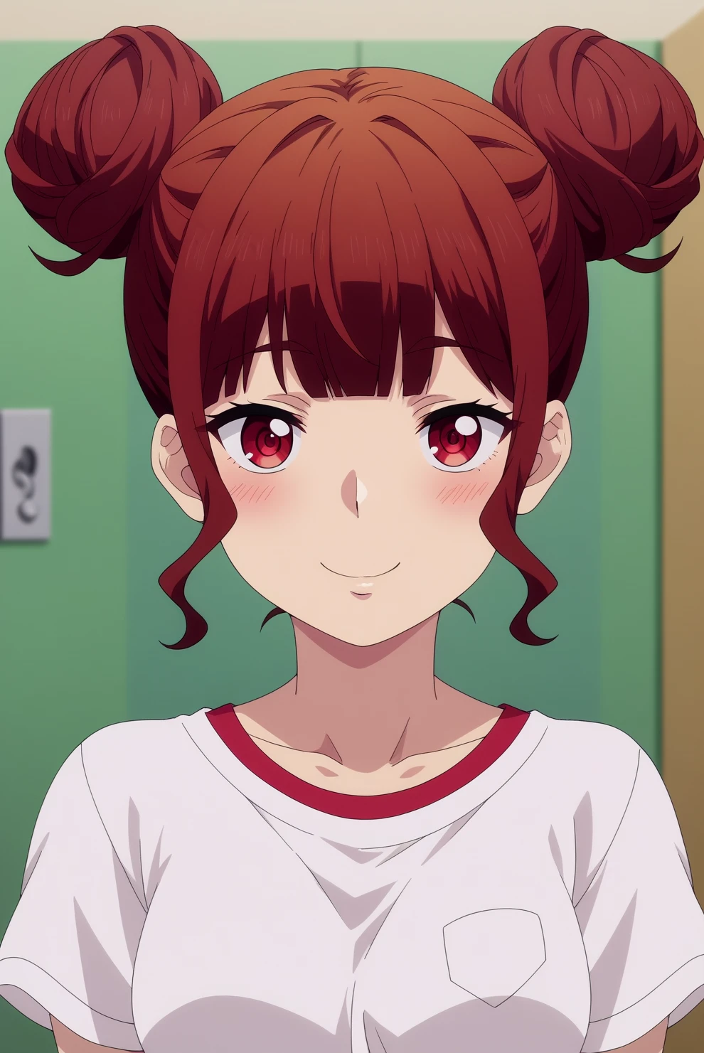 score_9, score_8_up, score_7_up, score_6_up, score_5_up, score_4_up, source_anime,anime screencap BREAK shunka hiiragi,1girl,blush,bangs,blunt bangs,solo,hair bun,smile,chignon hairstyle, double bun, white and red v-neck shirt, looking at viewer, red underwear, upper body, changing room ,consistent background, anime coloring <lora:Shunka Hiiragi - PDXL.safetensors:0.8>