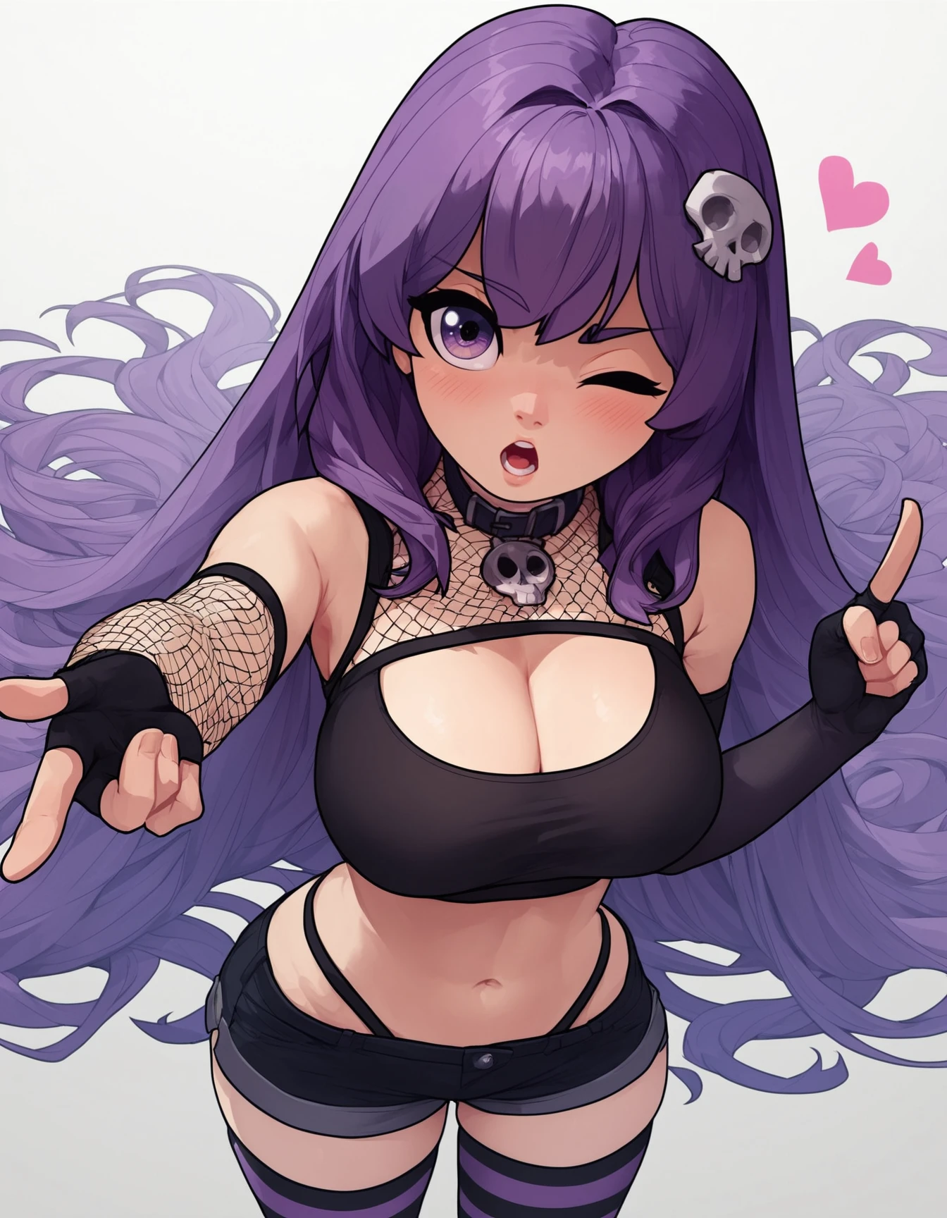 score_9, score_8_up, score_7_up, score_6_up, score_5_up, zPDXL3, max detail, 4k wallpaper, masterpiece, best quality, absurdres, highres, dynamic angle, dynamic pose, source_anime, 
NaytLaytStyle, 
1girl, purple hair, skull hair ornament, solo, purple eyes, long hair, breasts, thighhighs, gloves, one eye closed, hair ornament, shorts, heart, fingerless gloves, open mouth, black shorts, looking at viewer, navel, fishnets, large breasts, midriff, black shirt, blush, shirt, from above, crop top, black gloves, striped, short shorts, collar, striped thighhighs, bangs, cleavage, pointing, star (symbol), elbow gloves, asymmetrical legwear, very long hair, standing
<lora:NaytLaytStyle:1>