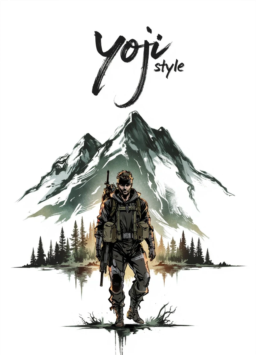 yoji_style, at the top are the words "Yoji Shinkawa Style" in brushed lettering, white background with mountains