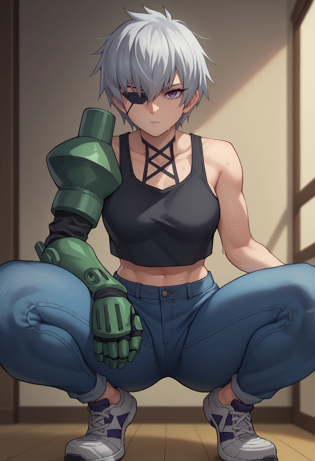 score_9, score_8_up, score_7_up, solo, 1girl, agknajenda, single mechanical arm, sweat, expressionless, looking at you, squatting, spread legs, grey hair, purple eyes, eyepatch, black tank top, crop top, blue pants, denim pants, shoes, midriff, indoors, gym
<segment:yolo-face_yolov8m.pt,0.4,0.5//cid=1>