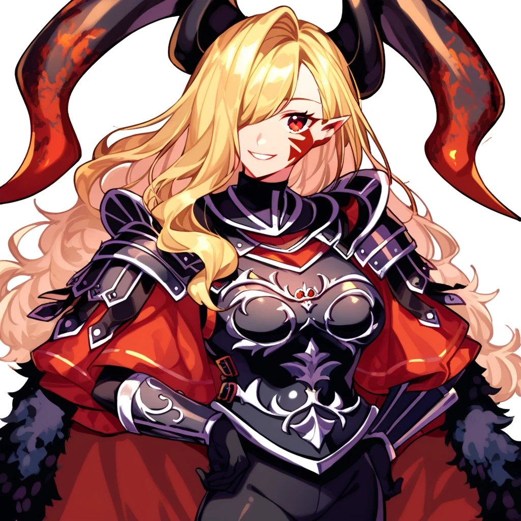 score_9, score_8_up, score_7_up, source_anime, white background, cowboy shot, 1girl, armor, black armor, black bodysuit, black gloves, black horns, blonde hair, bodysuit, breasts, cape, dragon horns, facial mark, fur trim, gloves, hair intakes, hair over one eye, horns, long hair, looking at viewer, medium breasts, pointy ears, red eyes, smile, solo, transparent background, wavy hair, black pants, <lora:Draco_3rd_ascension:1>