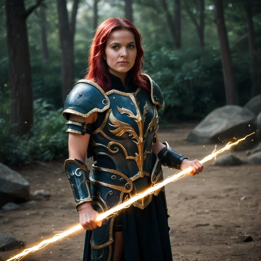 score_9_up, score_8_up, BREAK, holdingzeusthunderbolt, holding thunderbolt, 1girl, red hair, armor, <lora:HoldingZeusThunderBolt_PXL_Leaf1:1>, BREAK, light particles, photo, very sharp, very detailed, realistic, hyper realistic, cinematic lighting, movie still, outdoors, moonlight, one handed,