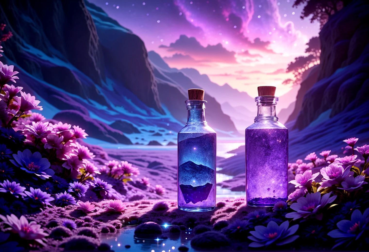 score_9, score_8_up, score_7_up, rating_safe, beautiful scenery nature glass bottle landscape, purple galaxy bottle, flx$tyl3