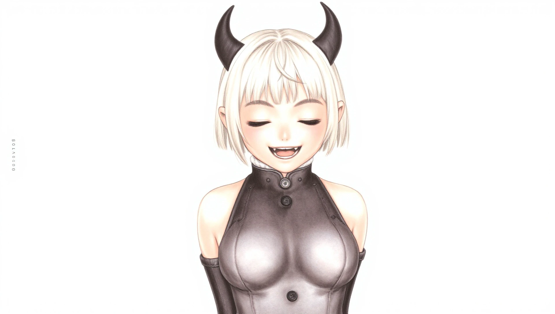 range_murata,

1girl, arms under breasts, black horns, buttons, closed eyes, demon girl, horns, limited palette, open mouth, painting \(medium\), sharp teeth, short hair, smile, teeth, traditional media, watercolor \(medium\), white background, white hair