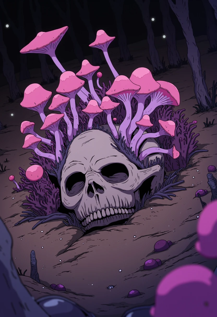 A decaying human face lies partially embedded in the ground, overtaken by vibrant, alien fungi and twisted growths. Pink and purple mushrooms sprout from the skull, blending grotesquely with what remains of the man's features. The surrounding area is dimly lit, with small tendrils and spores creeping across the lifeless body. The scene is haunting, with an eerie contrast between the once-living and the relentless encroachment of the alien flora. flat art.