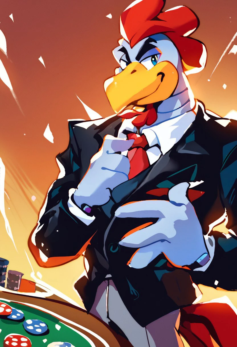 score_9, score_8_up, score_7_up, score_6_up, Scratch, Badnik, robot, metal skin, bird, rooster, beak, male, solo, black suit, red tie, casino