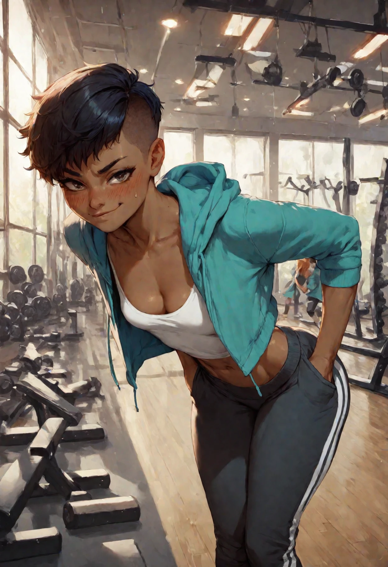 solo, black hair, blush, cleavage, pixie cut, smug, looking at viewer, dark skin, small breast, wide hips, midriff, hoodie, sweatpants, leaning forward, hands in pockets  BREAK gym, detailed indoors BREAK score_9, score_8_up, score_7_up, source_anime, <lora:Philon_V2:0.8>