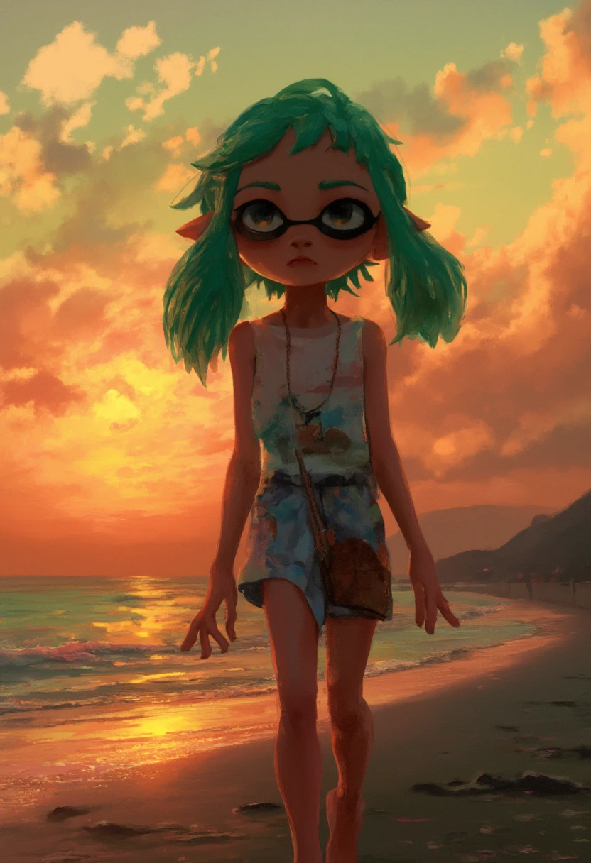 an inkling girl walking on the beach, casual clothes, sunset