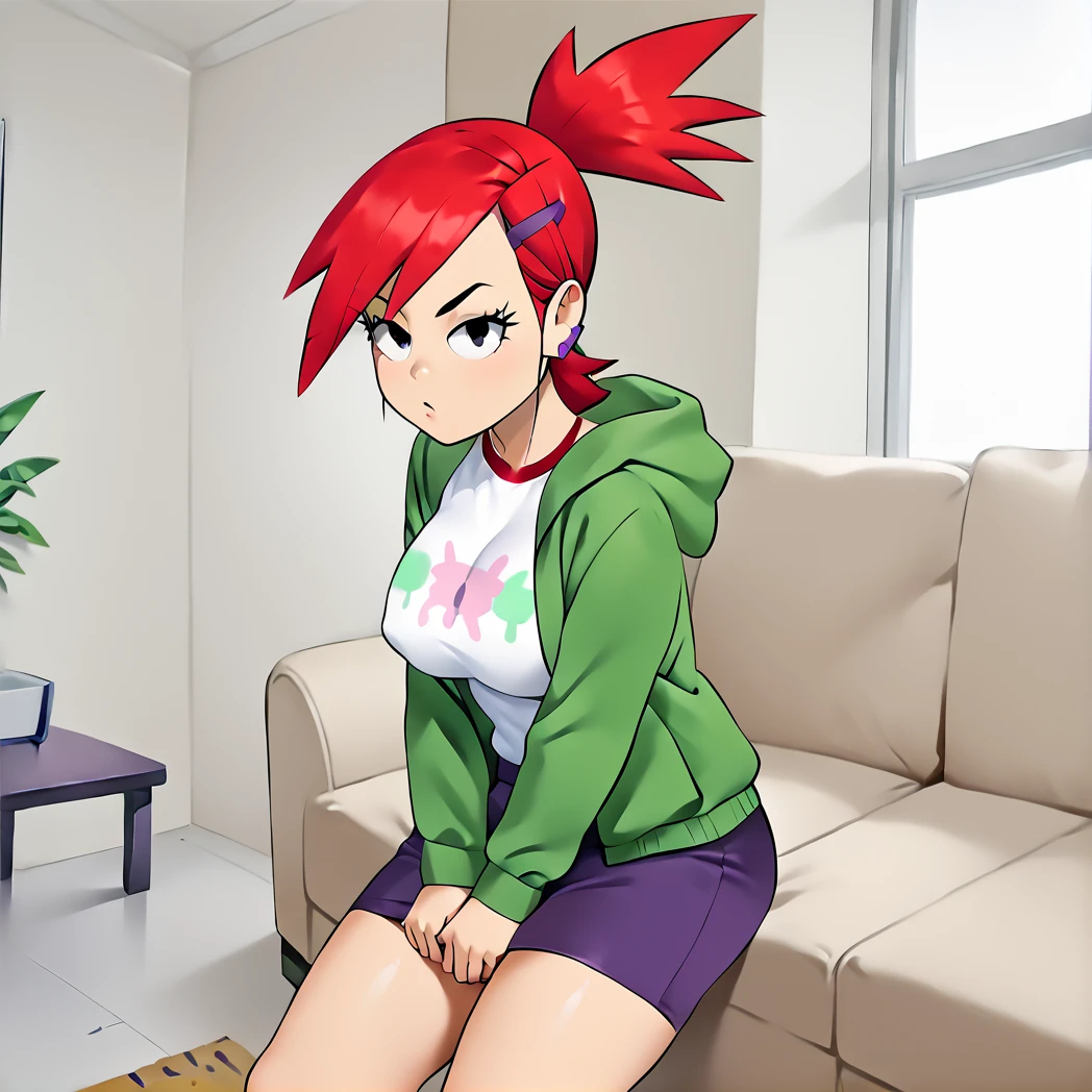 score_9, score_8_up, score_7_up, score_6_up, score_5_up, score_4_up, <lora:ZondaStyle:1>,   frankiefoster, 1girl, red hair, solo, ponytail, earrings, hairclip, green hoodie, printed shirt, purple skirt, large breasts, looking at viewer, thighs,  <lora:FrankiePony2.0:0.7>, indoors, living room,