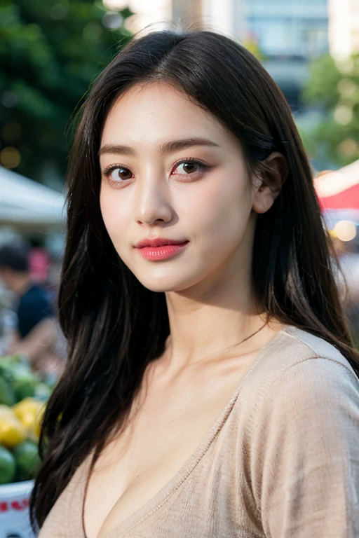 masterpiece, best quality, ultra-detailed, ultra high res, (photorealistic:1.4), raw photo, (realistic:0.2), 8k HDR, realistic lighting, looking at viewer, 1girl, solo, asymmetrical hair, outdoor, (traditional market:1.2), (day), bokeh, (detailed lips), (detailed pores), (detailed skin textures), (detailed face:1.2), (body:1.2), a woman in a cardigan, cowboy shot,