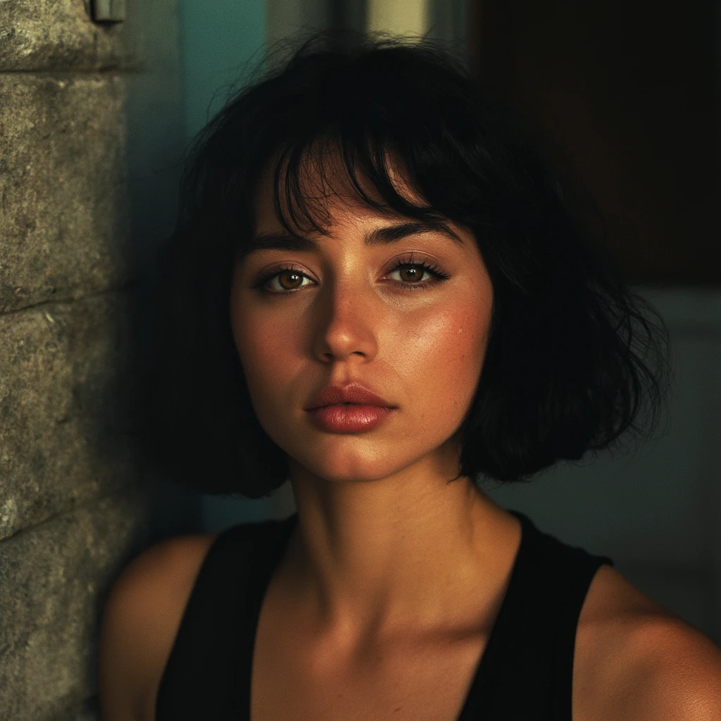 volumetric lighting, face with Affectionate surface, ana de armas, black hair, Abandoned, Eclectic, kodachrome, womanly